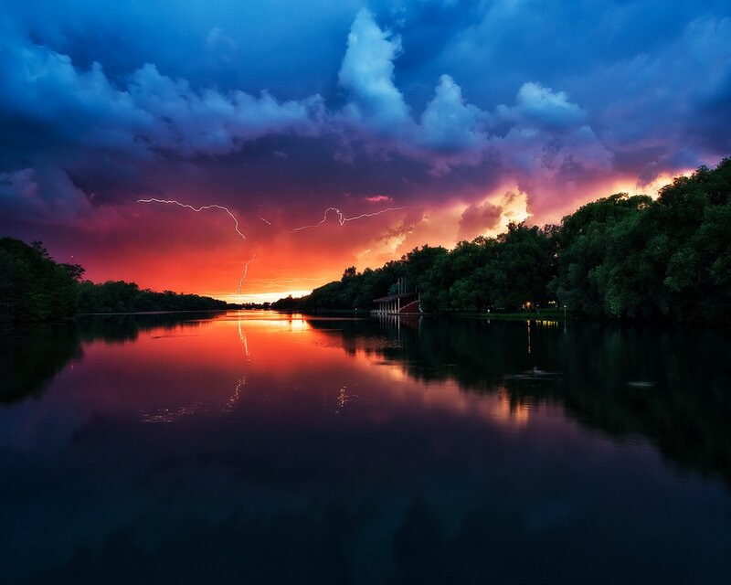 Lightning over Lake — Blue, Dramatic, Sunset, Photograph
