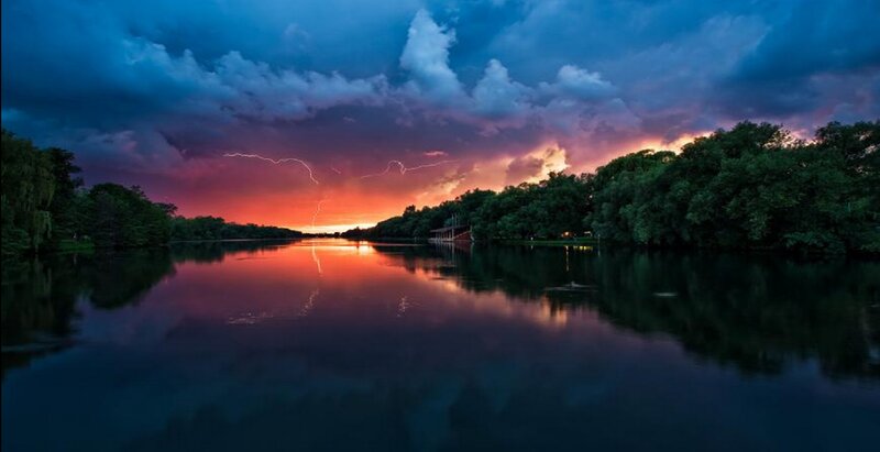 Lightning over Lake — Blue, Dramatic, Sunset, Photograph, Trees