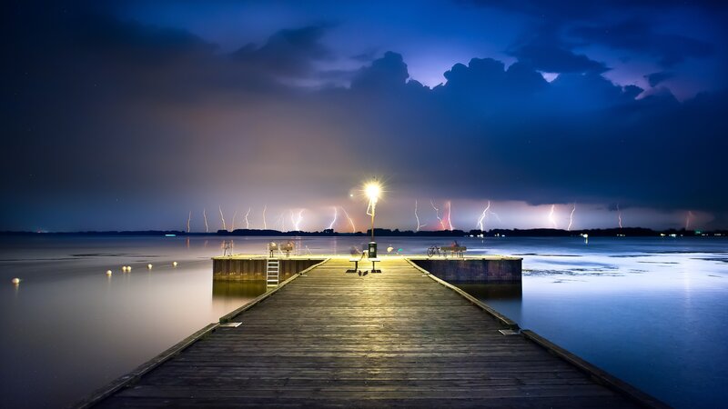 Lightning over Lake Dock — Blue, Dramatic