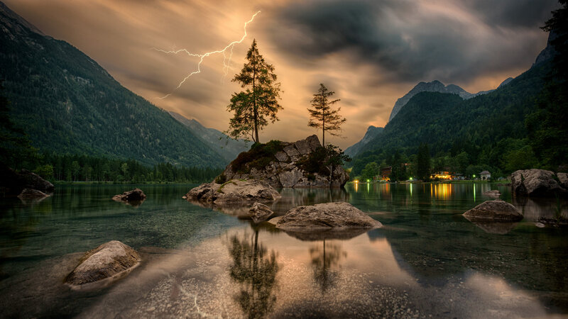 Lightning over Lake Island — Brown