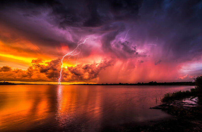 Lightning over Lake — Orange, Dramatic, Sunset