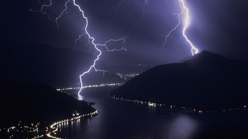 Lightning over Lake — Purple, Dramatic, Night, Photograph, Mountains, City Lights, Black, White