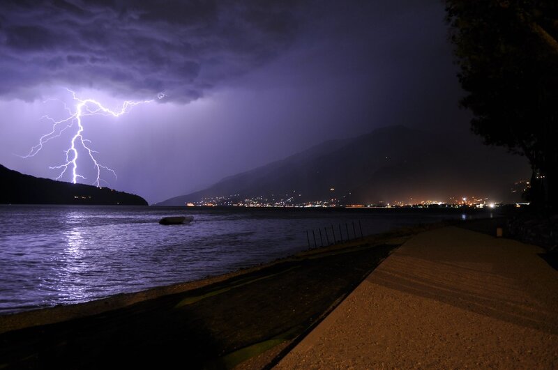 Lightning over Lake — Purple, Dramatic, Night, Photograph, Mountains