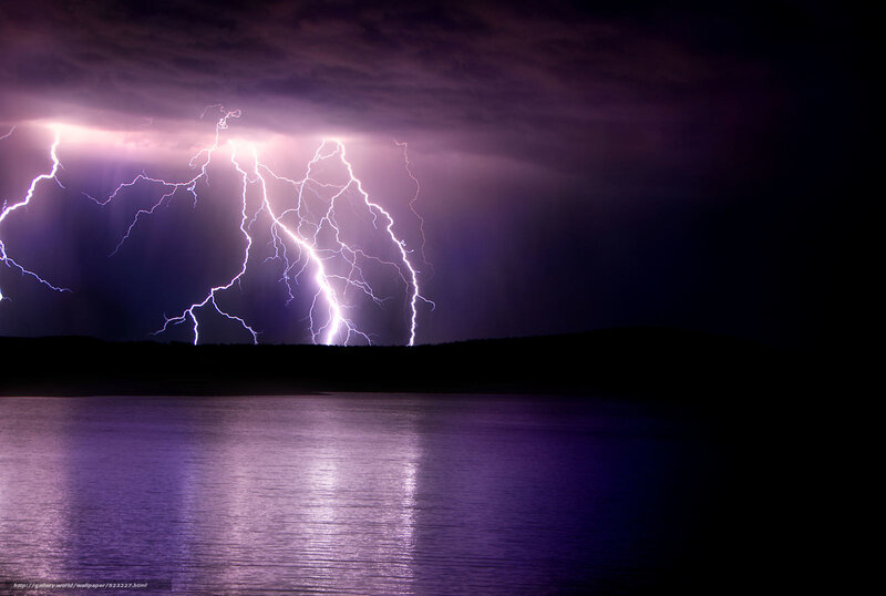 Lightning over Lake — Purple, Dramatic, Night, Photograph, Sky