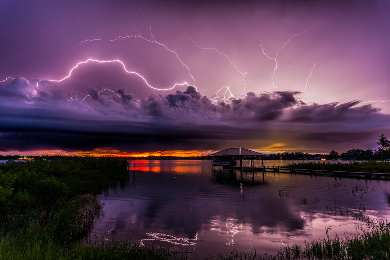 Lightning over Lake — Purple, Dramatic, Night, Photograph, Storm Clouds