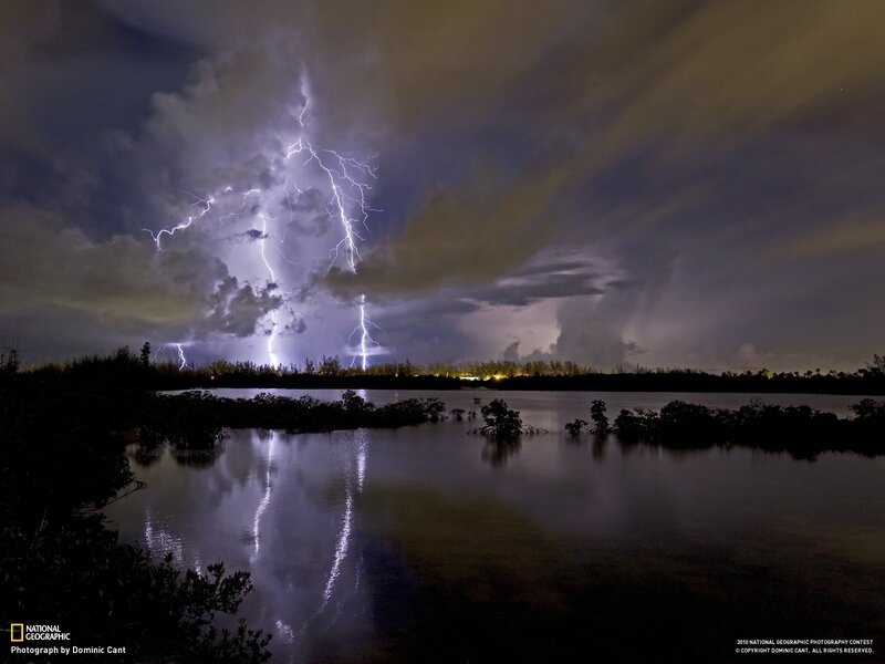 Lightning over Lake — Purple, Dramatic, Night, Photograph, Storm Clouds, Water