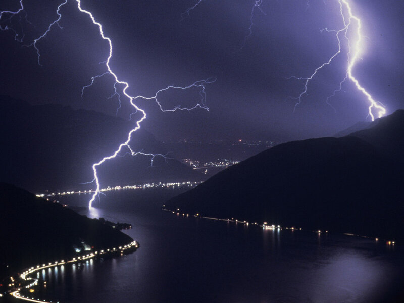 Lightning over Lake — Purple, Dramatic, Night, Photograph