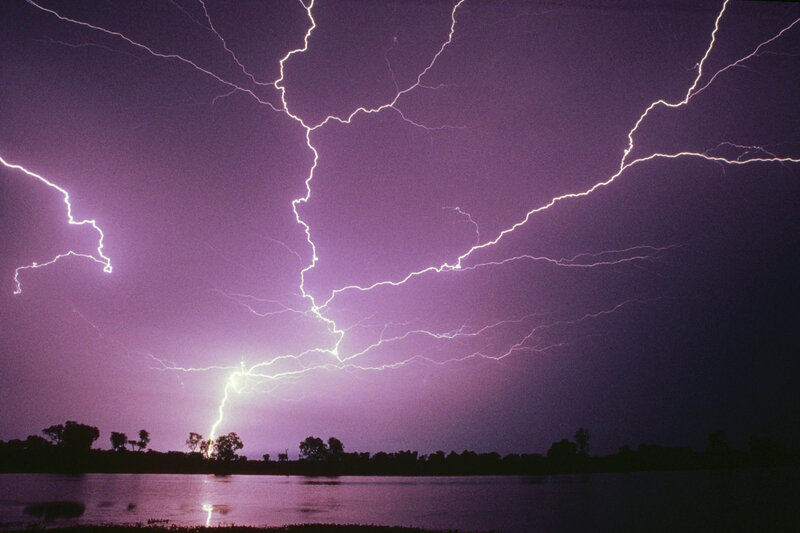 Lightning over Lake — Purple, Dramatic, Night, Photograph, Trees, Sky