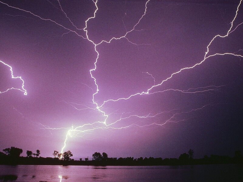 Lightning over Lake — Purple, Dramatic, Night, Photograph, Trees