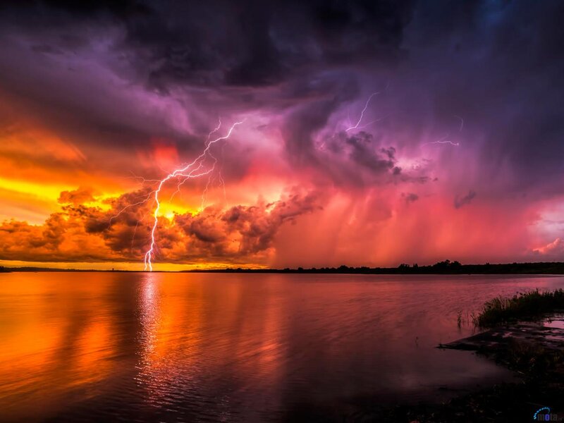 Lightning over Lake — Purple, Dramatic, Sunset, Photograph, Storm Clouds
