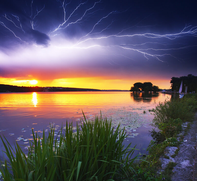 Lightning over Lake — Purple, Dramatic, Sunset, Photograph