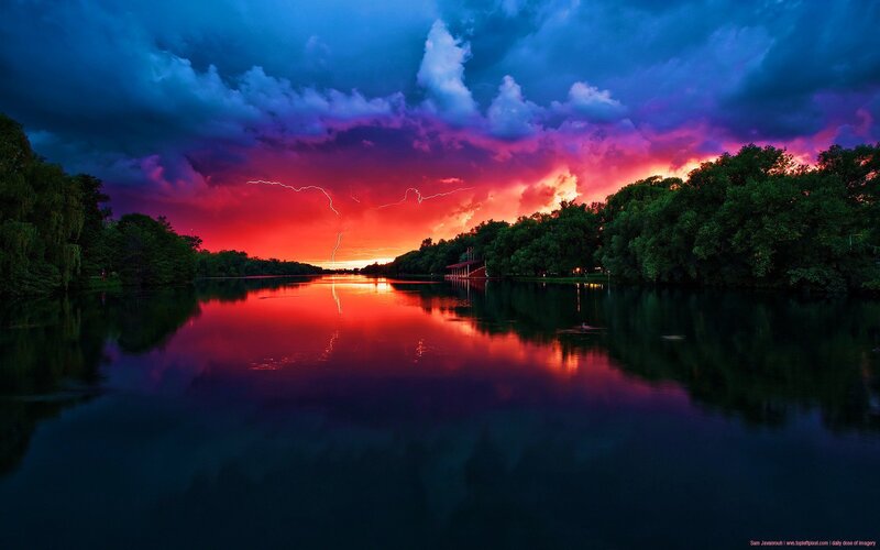 Lightning over Lake — Red, Dramatic, Night, Photograph, Clouds