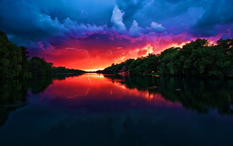 Lightning over Lake — Red, Dramatic, Sunset, Photograph, Clouds