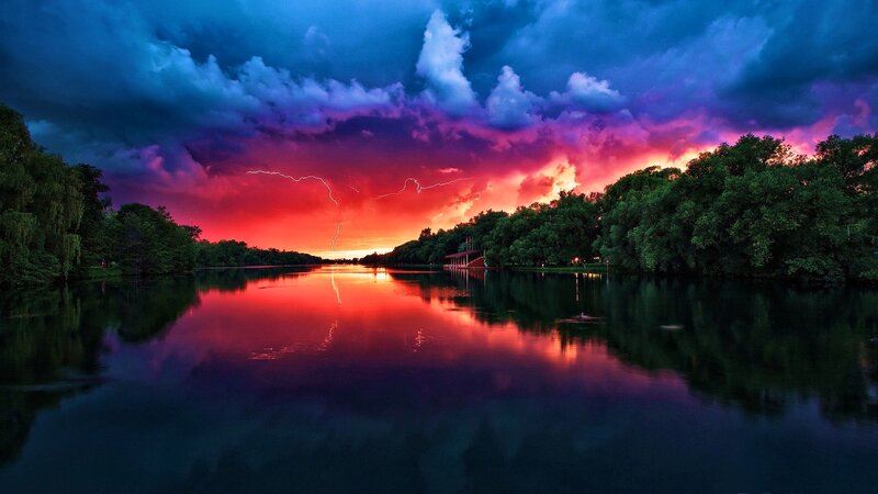Lightning over Lake — Red, Dramatic, Sunset, Photograph