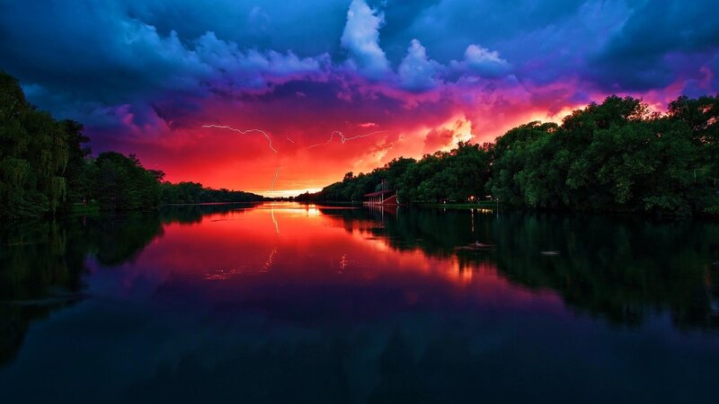 Lightning over Lake — Red, Dramatic, Sunset