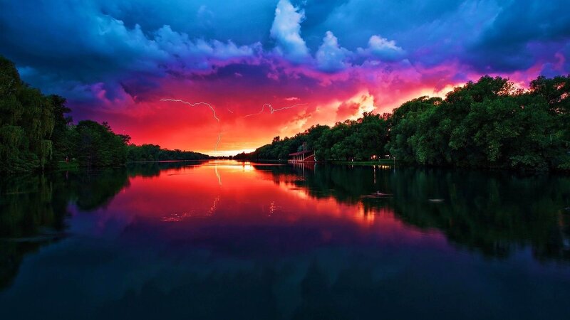 Lightning over Lake — Red, Dramatic