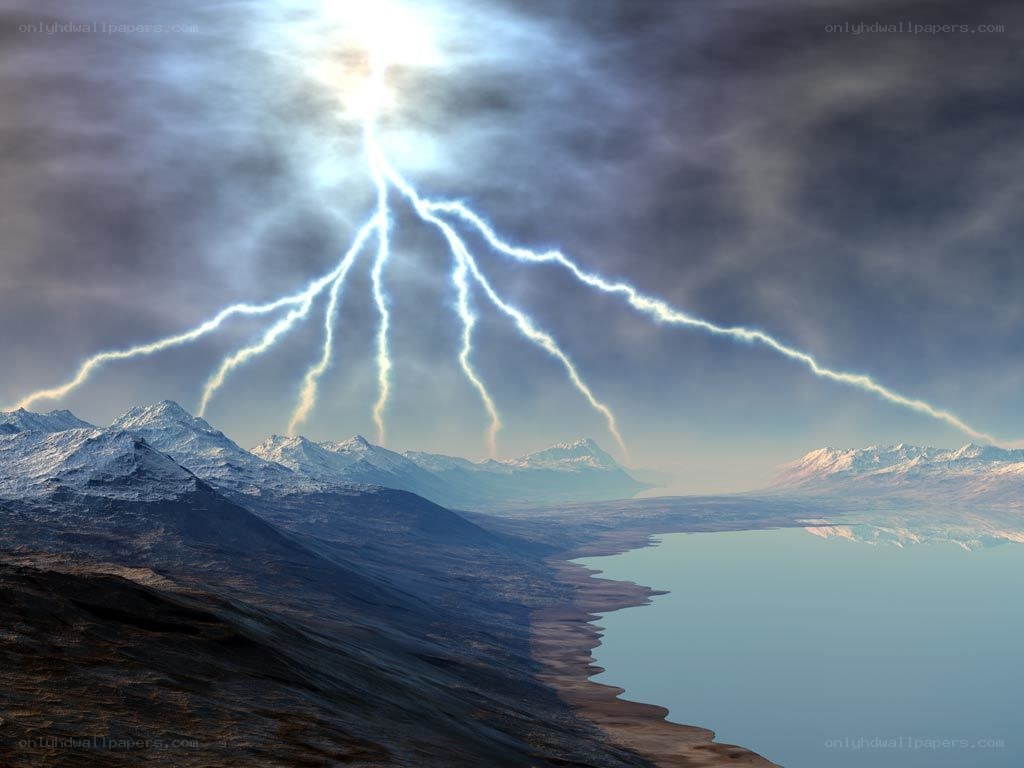 Lightning over mountain lake