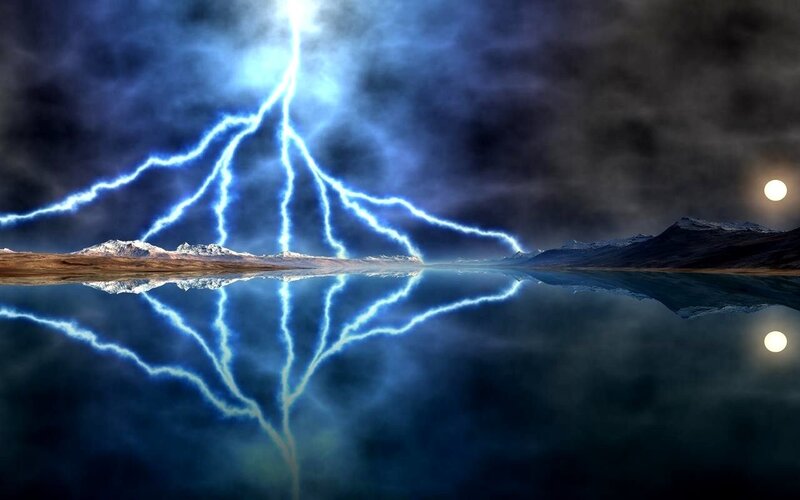 Lightning over mountain lake