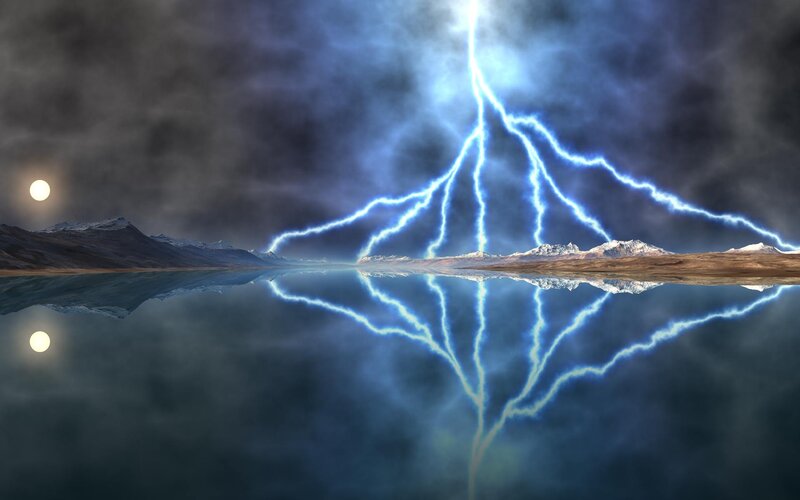 Lightning over Mountain Lake — Blue