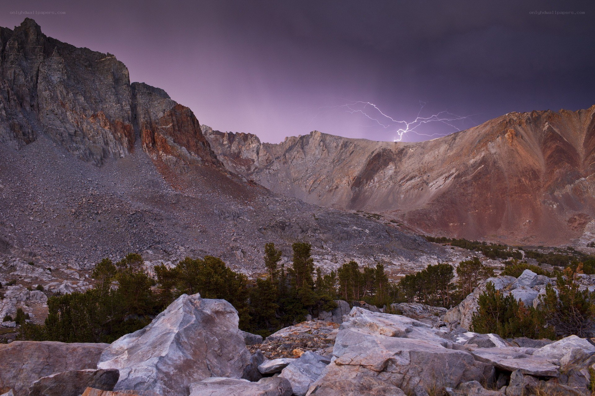 Lightning over mountain valley