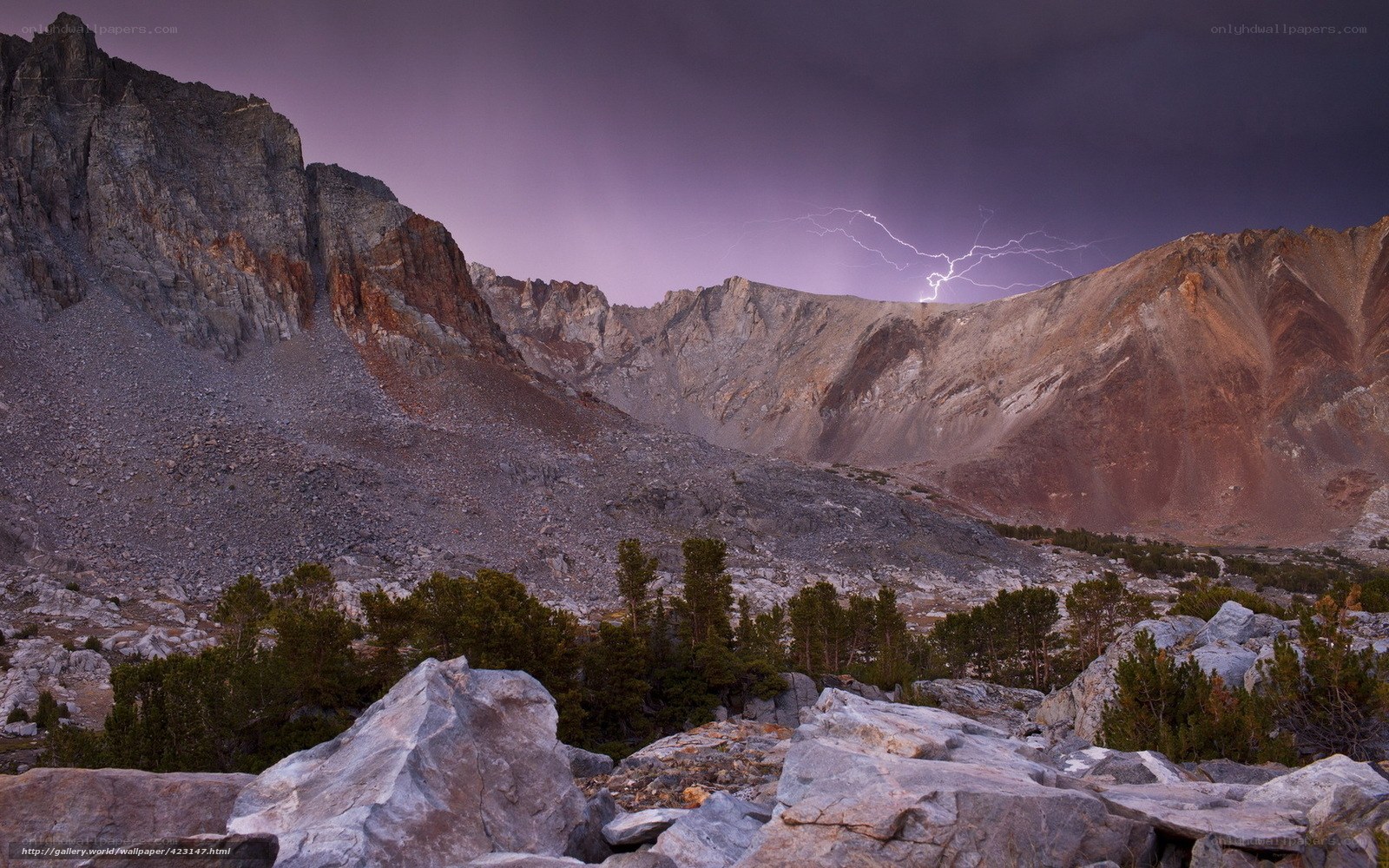Lightning over mountain valley