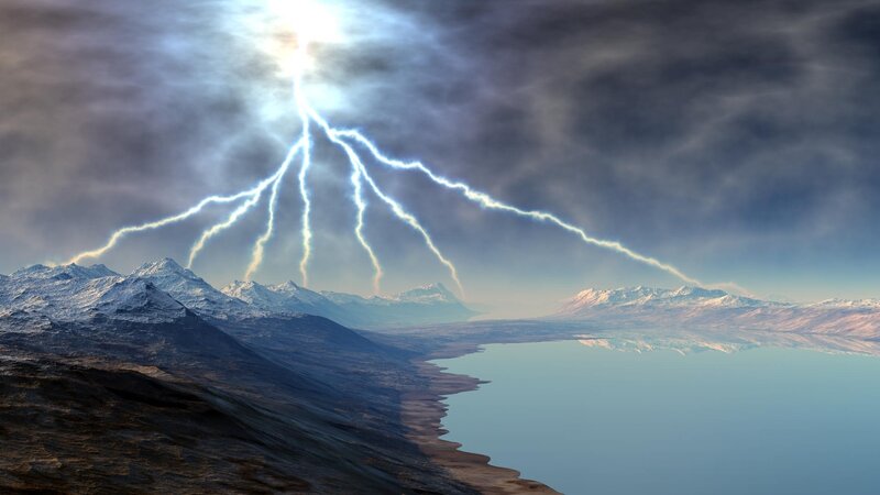 Lightning over Mountains — Blue, Dramatic, Digital Art