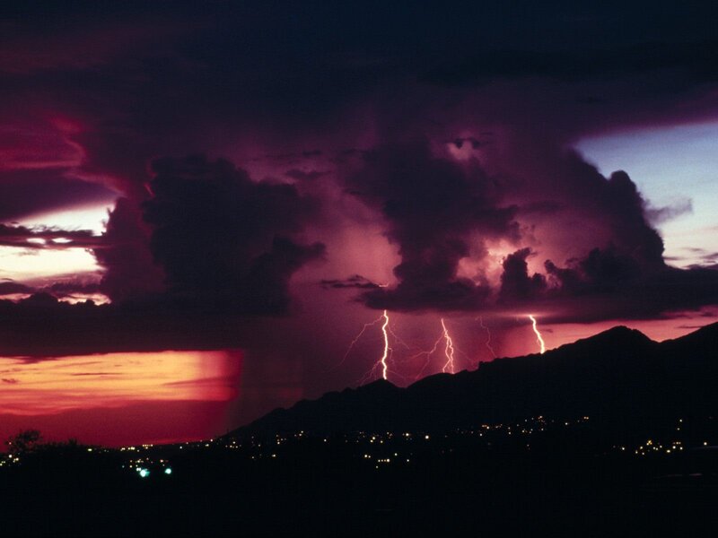 Lightning over Mountains — Purple, Dramatic, Night, Photograph, City Lights, Storm Clouds