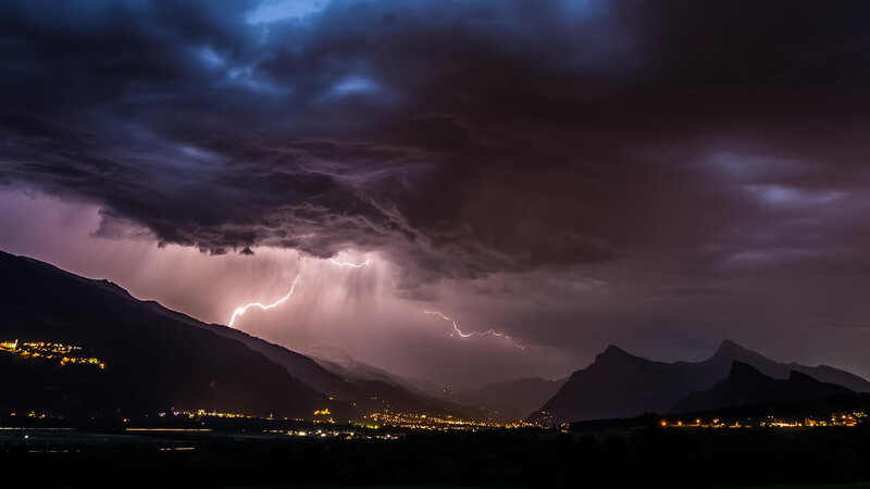 Lightning over Mountains — Purple, Dramatic, Night, Photograph, City Lights