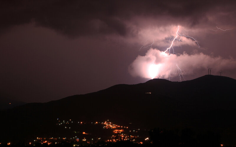 Lightning over Mountains — Purple, Dramatic, Night, Photograph