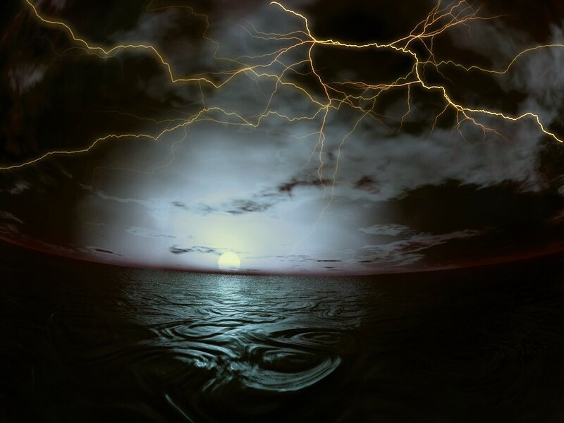 Lightning over Ocean — Black, Dramatic, Night, Digital Art