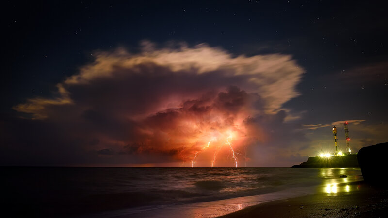Lightning over Ocean — Black, Dramatic, Night, Photograph, Clouds, Lighthouse