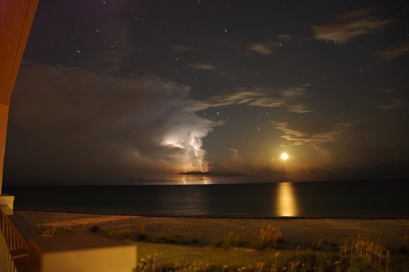 Lightning over Ocean — Black, Dramatic, Night, Photograph, Moon, Clouds, Beach