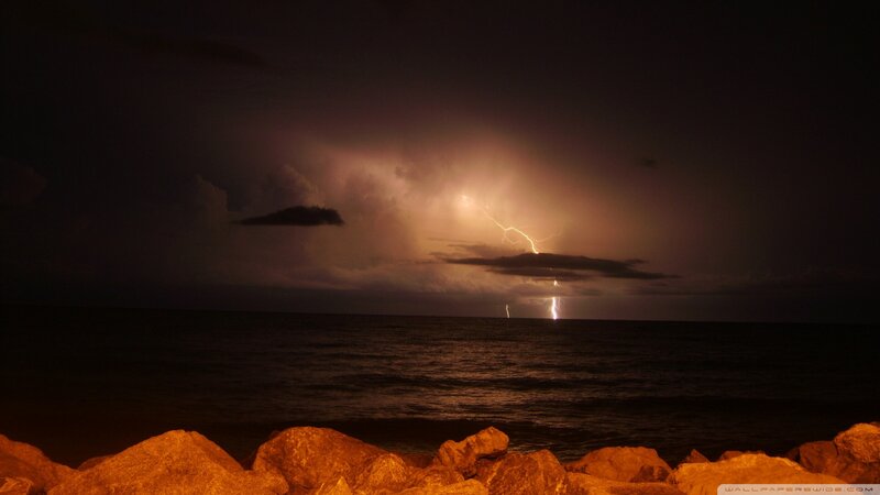 Lightning over Ocean — Black, Dramatic, Night, Photograph, Rocks