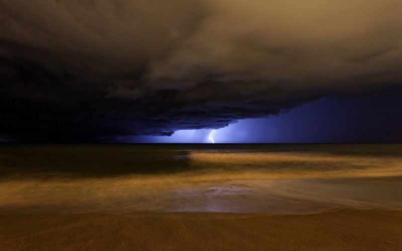 Lightning over Ocean — Black, Dramatic, Night, Photograph, Storm Clouds, Sand