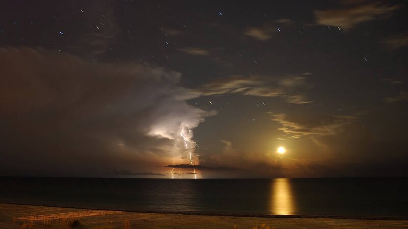 Lightning over Ocean — Black, Dramatic, Night, Photograph, Storm, Moon