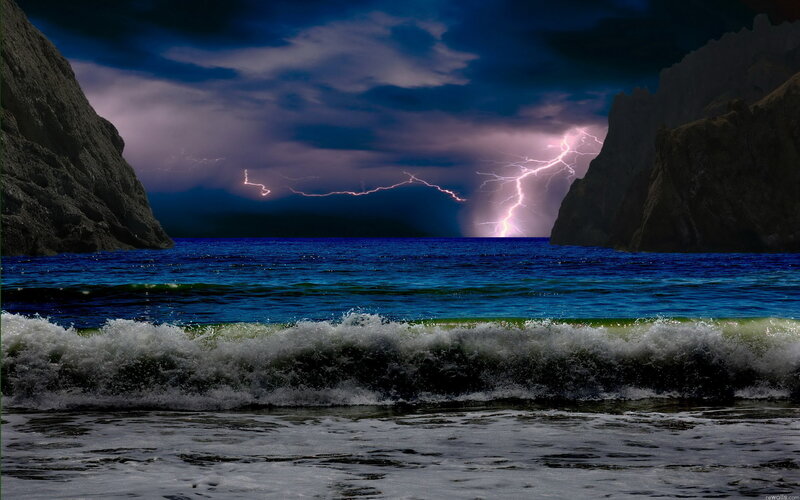 Lightning over Ocean — Blue, Dramatic, Night, Digital Art, Cliffs