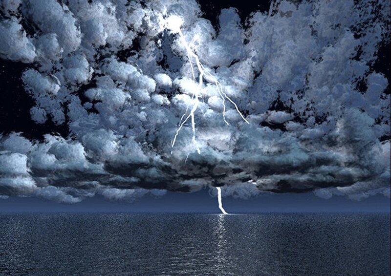 Lightning over Ocean — Blue, Dramatic, Night, Digital Art, Clouds