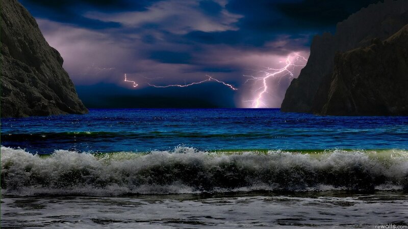 Lightning over Ocean — Blue, Dramatic, Night, Digital Art, Mountains