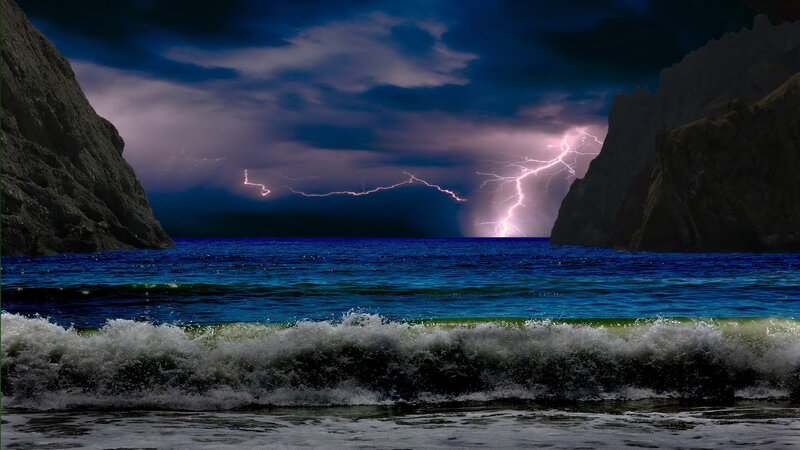 Lightning over Ocean — Blue, Dramatic, Night, Digital Art