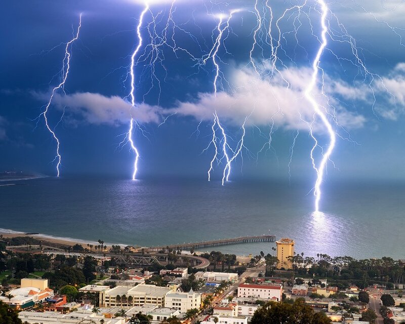 Lightning over Ocean — Blue, Dramatic, Night, Photograph, City, Pier