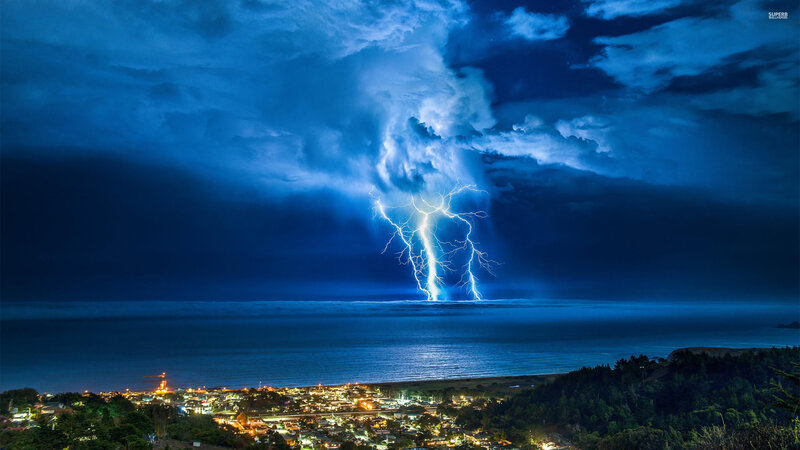 Lightning over Ocean — Blue, Dramatic, Night, Photograph, City