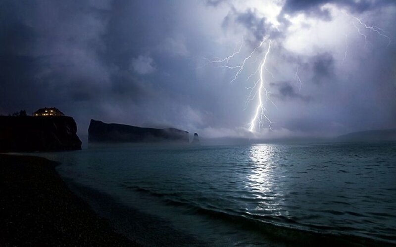 Lightning over Ocean — Blue, Dramatic, Night, Photograph, Cliffs, House