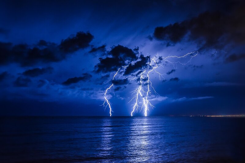 Lightning over Ocean — Blue, Dramatic, Night, Photograph, Clouds, Lights