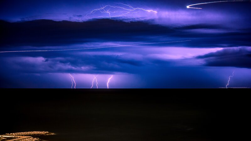 Lightning over Ocean — Blue, Dramatic, Night, Photograph, Clouds, Purple