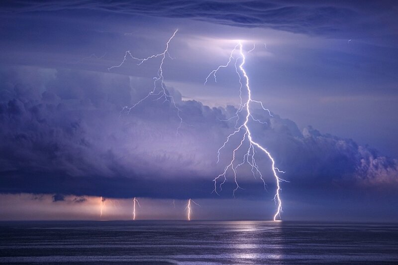 Lightning over Ocean — Blue, Dramatic, Night, Photograph, Clouds, Sky, Purple, White