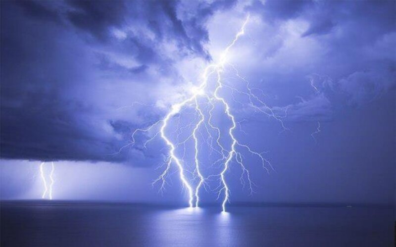 Lightning over Ocean — Blue, Dramatic, Night, Photograph, Clouds, Sky