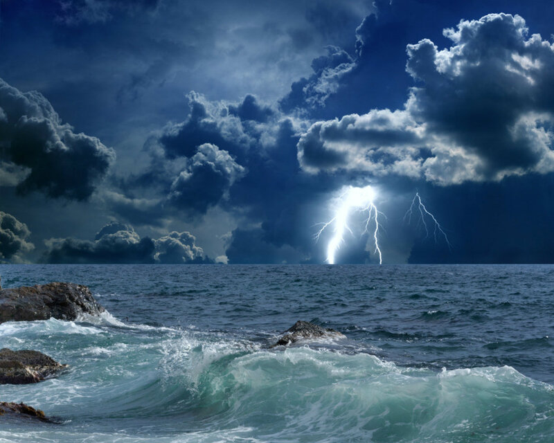 Lightning over Ocean — Blue, Dramatic, Night, Photograph, Clouds, Waves