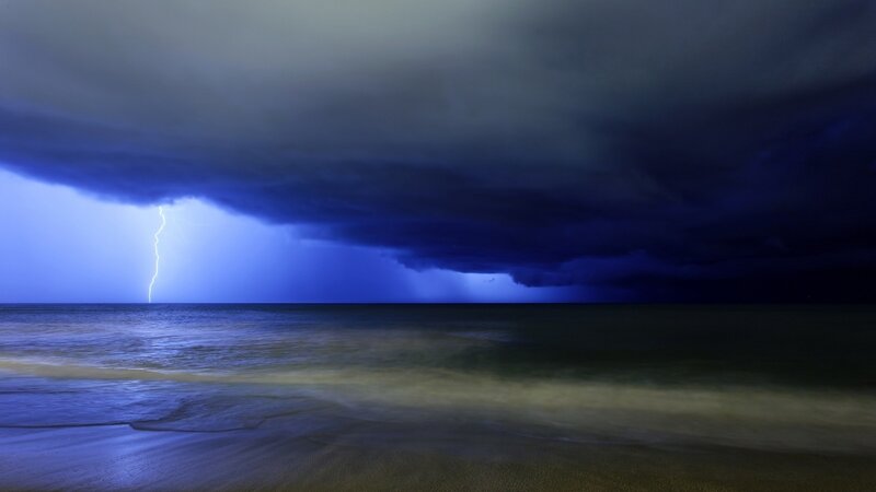 Lightning over Ocean — Blue, Dramatic, Night, Photograph, Storm Clouds, Beach, Black