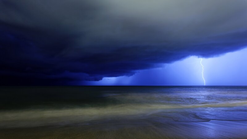 Lightning over Ocean — Blue, Dramatic, Night, Photograph, Storm Clouds, Beach