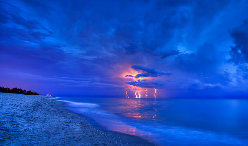 Lightning over Ocean — Blue, Dramatic, Night, Photograph, Storm Clouds